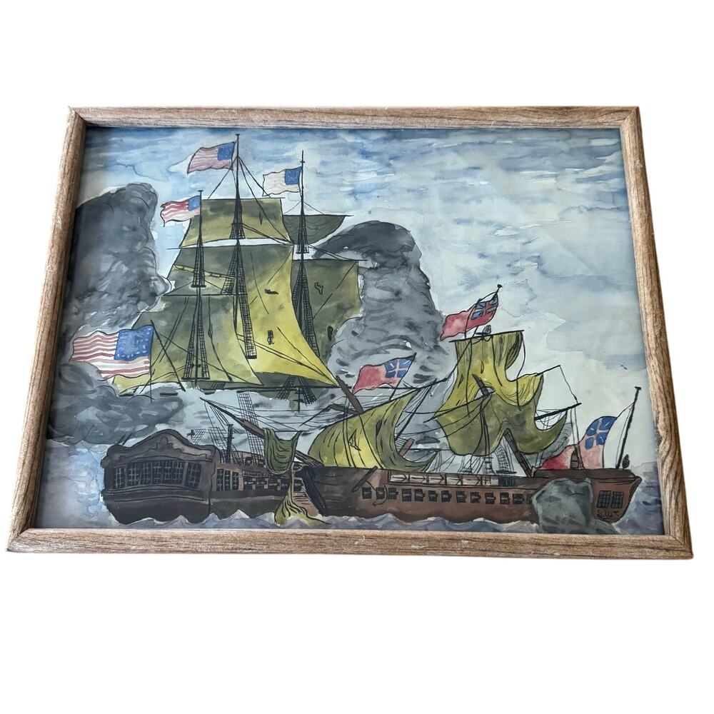 Framed Amateur Watercolor Sailing Ships Harbor USA Flags Painting 12.75x16.5"